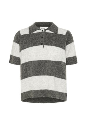 Polo à manches courtes en mélange de laine rayé gris et blanc. Présente un design à col avec trois boutons et une finition texturée.