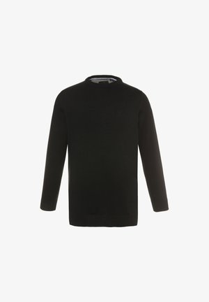 Maglione nero a maglia con collo rotondo e maniche lunghe. Presenta polsini e orlo a coste, con un sottile logo sul petto.
