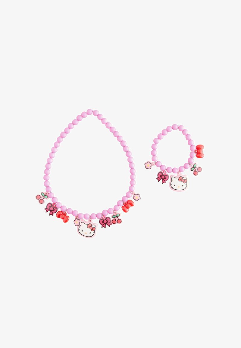 Set aus einer pinken Perlenkette und einem Armband mit bunten Charms, darunter ein Hello Kitty-Gesicht, Schleifen und Kirschen.