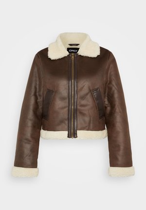 Brown faux leather cropped jacket with shearling collar, matching cuffs, and side pockets; features front zipper closure and contrasting panels.