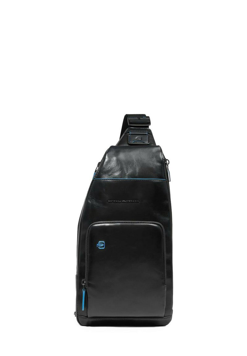 Borsa a tracolla in pelle nera dal design elegante. Dispone di una tasca frontale con zip, dettagli blu, tracolla regolabile e logo.