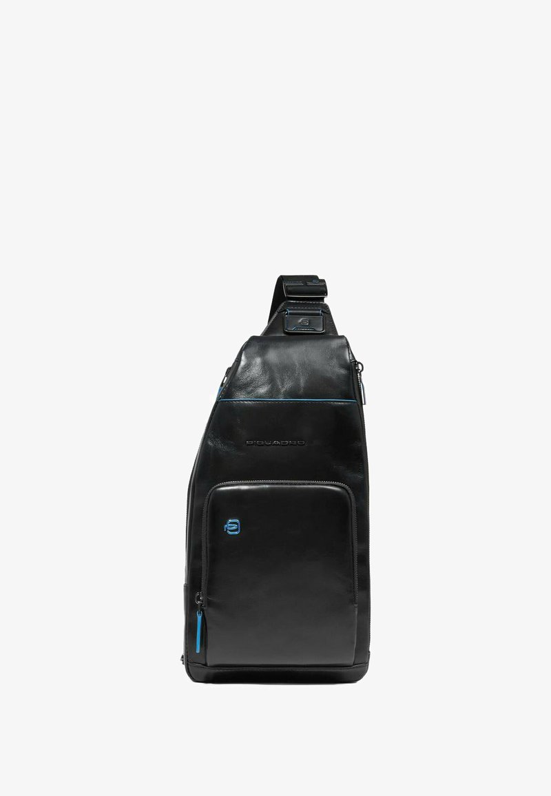 Borsa a tracolla in pelle nera dal design elegante. Dispone di una tasca frontale con zip, dettagli blu, tracolla regolabile e logo.