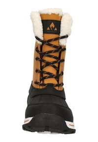 Svart och tan vinterboots med en texturerad syntetisk ovandel, fuskpälsfoder, snörning och en robust gummisula för bra grepp.