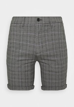 Grijze geruite getailleerde korte broek met knoopsluiting, riemlussen, zijzakken en omgeslagen zomen.