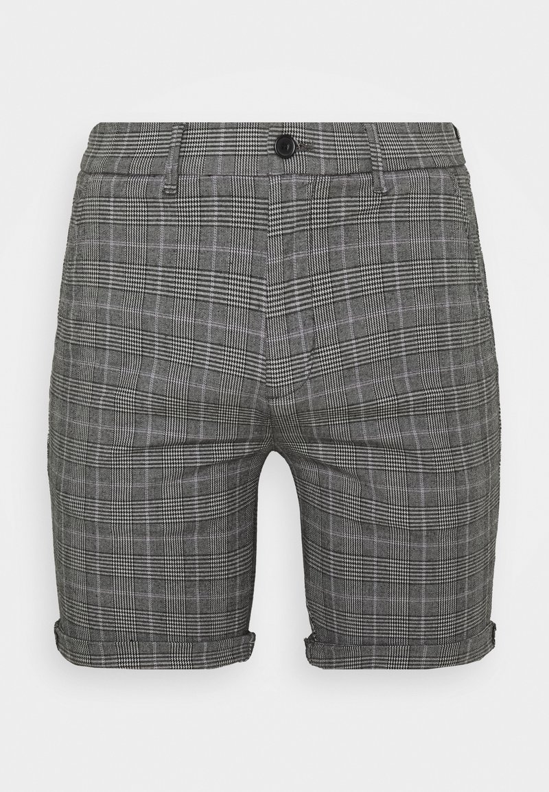 Shorts tailleur à carreaux gris avec fermeture à boutons, passants pour ceinture, poches latérales et ourlets retournés.