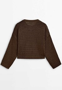 Pull en maille ouverte marron à manches longues avec des bords côtelés au niveau des poignets, de l'ourlet et du col, présenté à plat de dos sur un fond blanc.