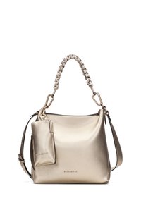 Metallic guldhandväska med en strukturerad yta, flätad handtag, avtagbar ficka och justerbar rem. Har en diskret varumärkeslogotyp.