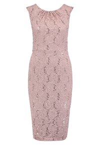 Robe en dentelle de couleur rose clair avec une silhouette cintrée, des manches courtes, un décolleté froncé et des accents de sequins à travers le motif floral.