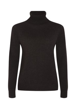 Maglione a collo alto marrone scuro con maniche lunghe e silhouette aderente, polsi e orlo a costine su sfondo bianco.