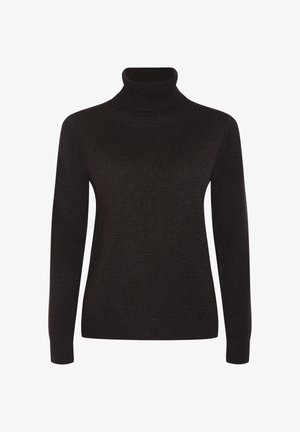 Donkerbruin langarm turtleneck sweater met een aansluitende pasvorm, geribbelde mouwen en onderrand tegen een witte achtergrond.