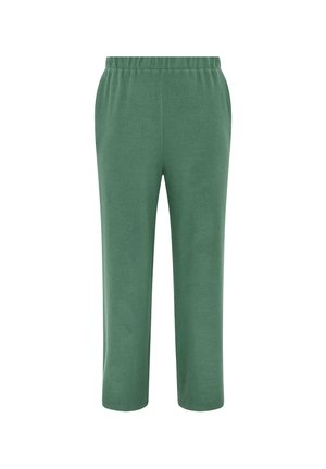 Pantaloni jogger verde in felpa con vita elastica, design a gamba dritta e texture morbida, adatti per un abbigliamento informale. Senza tasche o decorazioni.