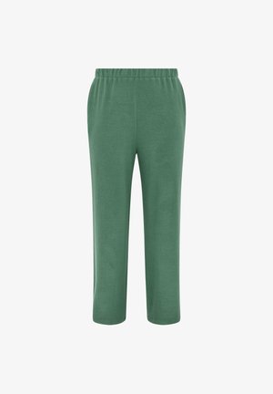Pantaloni jogger verde in felpa con vita elastica, design a gamba dritta e texture morbida, adatti per un abbigliamento informale. Senza tasche o decorazioni.