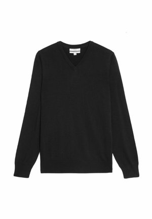 Zwarte v-hals trui gemaakt van een zacht, glad materiaal. Heeft lange mouwen en ribgebreide manchetten en zoom voor een elegante uitstraling.