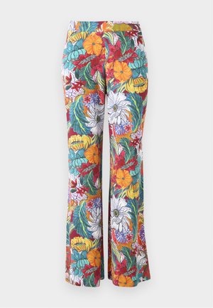 Flared trousers with a multicolored floral pattern, featuring orange, purple, and teal flowers and green leaves on a white background.