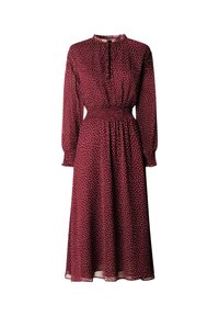 Burgundijas krāsas garām piedurknēm kleita ar savelkamu jostasvietu, augstu kakla izgriezumu un baltām punktiņām, izgatavota no viegla, plūstoša auduma.