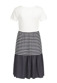 Robe à manches courtes avec haut blanc, corsage rayé marine et jupe à pois. Caractérisée par une taille froncée et un bas fluide.