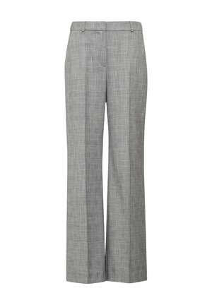 Gray wide-leg trousers featuring a subtle checked pattern, made from a smooth fabric with a tailored fit and flat front.
