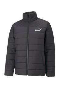 Giacca a vento nera con isolamento, colletto alto, zip frontale, cuciture orizzontali e logo Puma bianco sul petto. Materiale leggero.