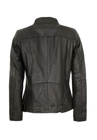 Schwarze Lederjacke mit geradem Schnitt, einfachem Kragen und sichtbaren Nähten. Die Rückseite verfügt über dezente Paneeldetails.