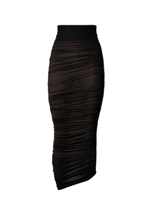 Zwarte gerimpelde midi-rok met een strak, nauwsluitend ontwerp, een gladde textuur en een brede tailleband voor extra comfort.