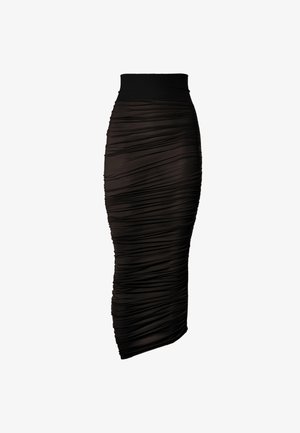 Zwarte gerimpelde midi-rok met een strak, nauwsluitend ontwerp, een gladde textuur en een brede tailleband voor extra comfort.