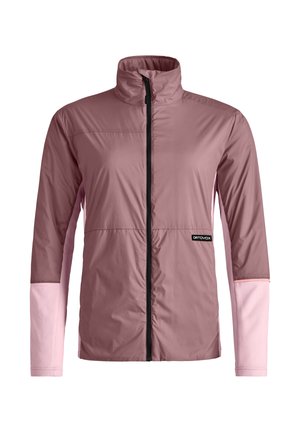 Lightweight, two-tone jacket in soft pink and mauve with a high collar, front zipper, and logo patch on the lower left. Long sleeves.