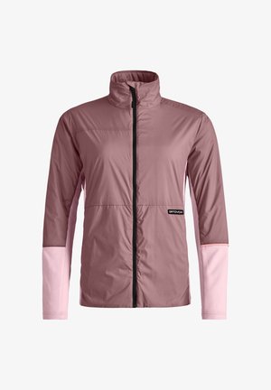 Lightweight, two-tone jacket in soft pink and mauve with a high collar, front zipper, and logo patch on the lower left. Long sleeves.