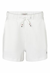 Witte katoenen shorts met een gestructureerd patroon, een elastische tailleband en een trekkoord. Bevat een klein logo in de onderste hoek.
