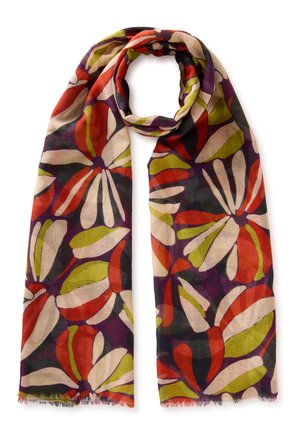 Lange lichte sjaal met grote abstracte bloemenprint in rood, olijfgroen, beige en donkerpaars op een zwarte achtergrond.