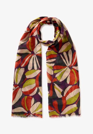 Dlouhý lehký šátek s velkým abstraktním květinovým vzorem v červené, olivově zelené, béžové a tmavě fialové na černém pozadí.