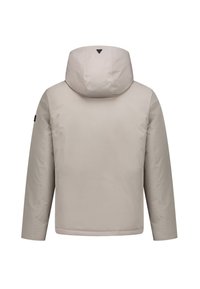 Lichtgrijze, gewatteerde jacket met een gladde textuur en een minimalistisch ontwerp. Bevat een driehoekig logo op de capuchon en een accent op de linkermouw.