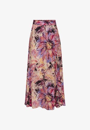 Blumenmaxirock mit einem lebhaften Design aus großen pinken und lila Blumen auf einem cremfarbenen Hintergrund. Glattes Material und schwingende Form.