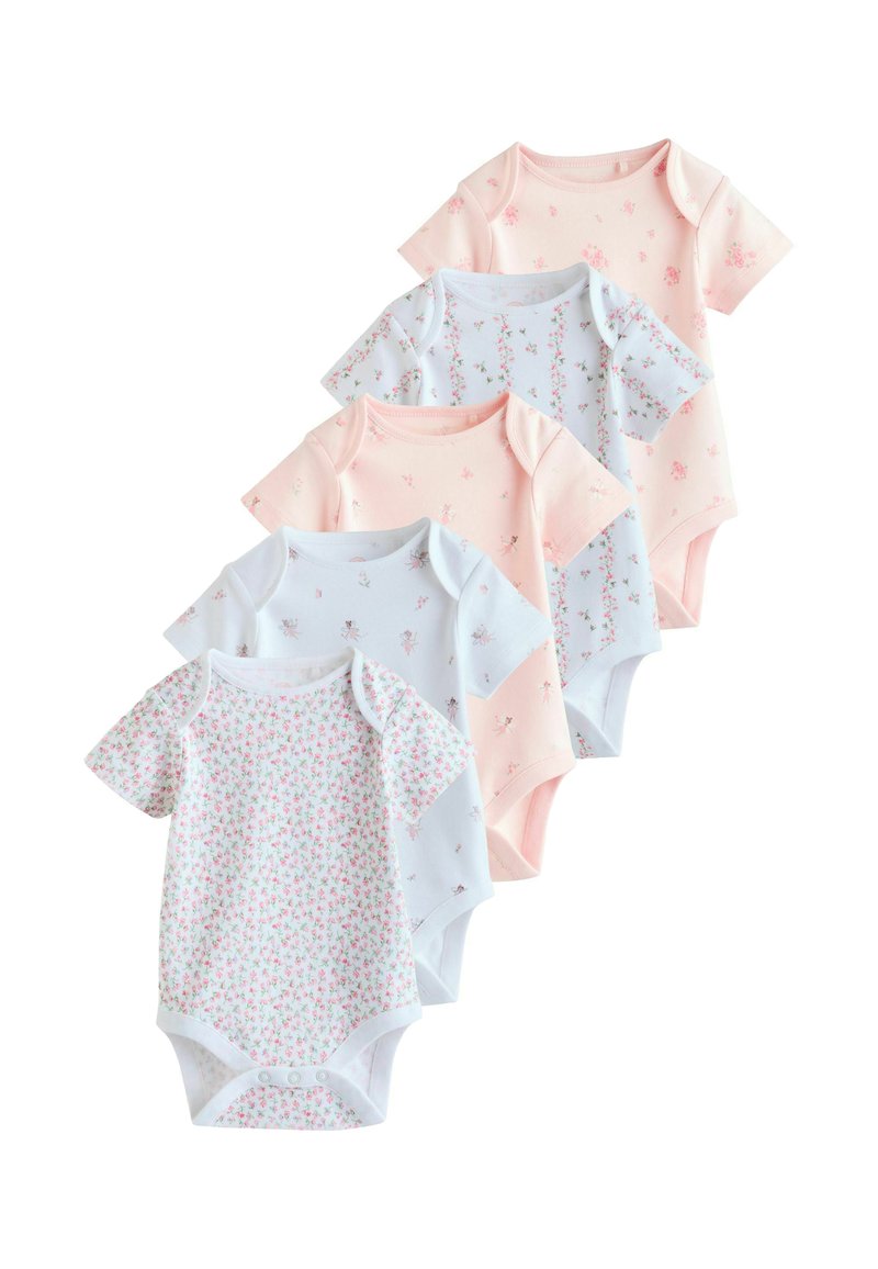 Viis pastelltoonides (roosa ja sinine) lillemustriliste lühikeste varrukatega beebibodi komplekt koos alumiste trukkidega.