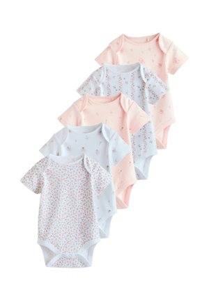 Sæt med fem kortærmede babybodyer i pastelfarver (pink og blå) med blomsterprint og tryklåse i bunden.