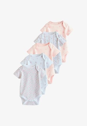 Sæt med fem kortærmede babybodyer i pastelfarver (pink og blå) med blomsterprint og tryklåse i bunden.