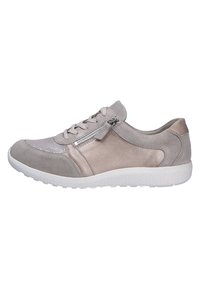 Light gray sneakers featuring a mix of suede and metallic accents, round toe, flat white rubber sole, and side zipper detail.