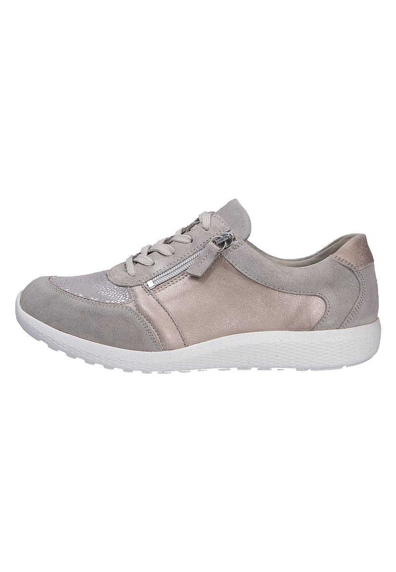 Light gray sneakers featuring a mix of suede and metallic accents, round toe, flat white rubber sole, and side zipper detail.