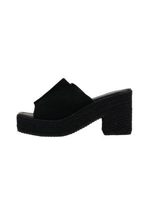 Mule de ante negro con punta abierta, suela con plataforma trenzada y tacón cuadrado, estilo sin cordones, calzado casual de verano para mujer.