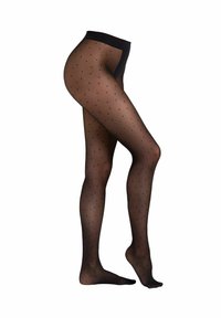 Collant neri trasparenti con un motivo a pois, dotati di una cintura larga. La texture è liscia e semitrasparente.