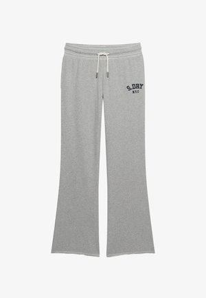 Pantalones de chándal grises de tela suave, con forma acampanada, cintura con cordón ajustable y logo "S.DRY N.Y.C." en azul marino.