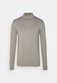 Lysegrå langærmet turtleneck sweater med ribbede manchetter og nederkant, vist på en ensfarvet hvid baggrund.