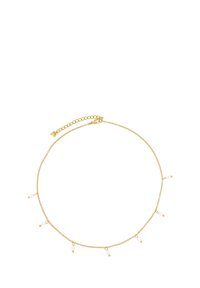 Kette aus vergoldetem Metall mit kleinen klaren Perlenakzenten, zartem Design und einem verstellbaren Verschluss für unterschiedliche Längen.