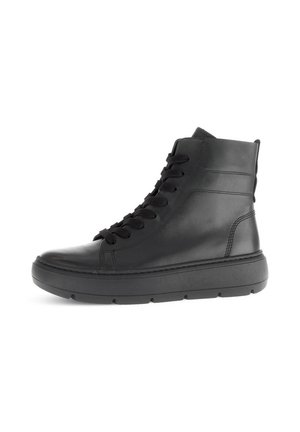 Schwarze High-Top-Sneaker aus Leder mit runder Zehenform, flachen Schnürsenkeln und einer dicken Gummisohle mit strukturierten Seiten.