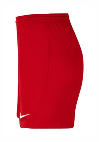 Pantaloni sportivi rossi realizzati in tessuto morbido con una vita elastica, caratterizzati da un logo Nike bianco sull'orlo inferiore sinistro.