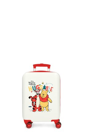 Maleta blanca para niños con asa roja y ruedas, con Winnie the Pooh y Tigger abrazándose bajo el texto colorido "ABRAZABLE".