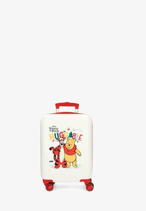 Maleta blanca para niños con asa roja y ruedas, con Winnie the Pooh y Tigger abrazándose bajo el texto colorido "ABRAZABLE".