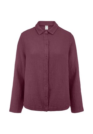 Langärmliges Hemd mit Knopfleiste aus strukturiertem Pflaumenstoff und klassischem Kragen, auf weißem Hintergrund präsentiert.