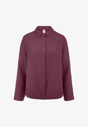 Langärmliges Hemd mit Knopfleiste aus strukturiertem Pflaumenstoff und klassischem Kragen, auf weißem Hintergrund präsentiert.