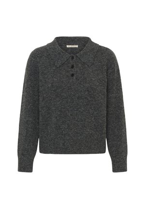 Sivi pleteni pulover s ovratnikom, tri gumba i dugim rukavima. Mekana tekstura s lagano širokim krojem.