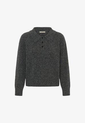 Maglione grigio a maglia con colletto, tre bottoni e maniche lunghe. Tessuto morbido con una vestibilità leggermente ampia.